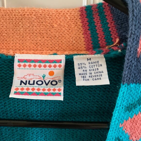 Nuovo Vintage Womens Teal Aztec Print V Neck Button Cardigan Ramie Cotton Blend - Picture 5 of 6